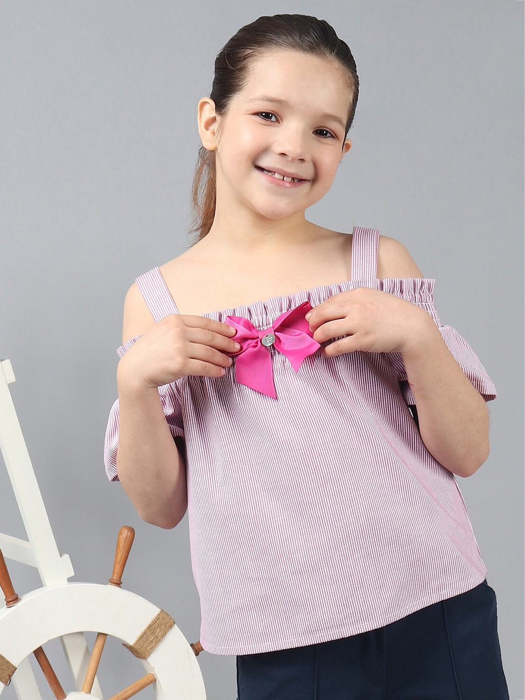 

One Friday Girls Striped Ruffle Sleeves Cotton Smocked Top, Pink