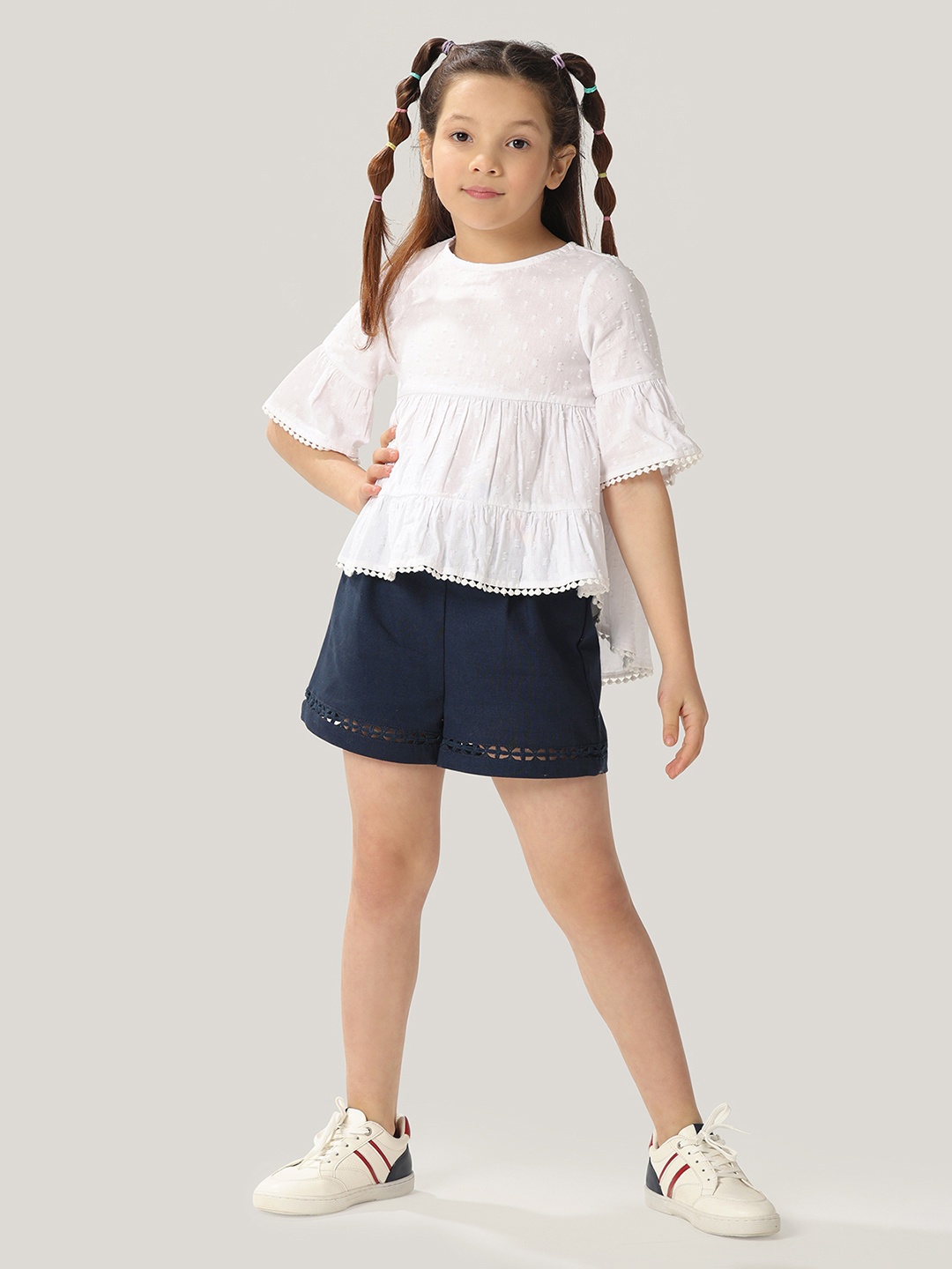 

One Friday Girls Stretchable Cotton Dobby round Neck Tiered Top, White