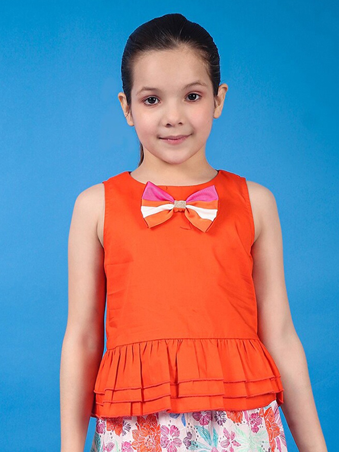 

One Friday Girls Round Neck Pure Cotton Peplum Top, Orange