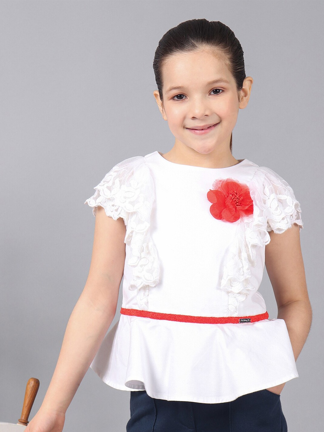 

One Friday Girls Pure Cotton Top With Frills, White