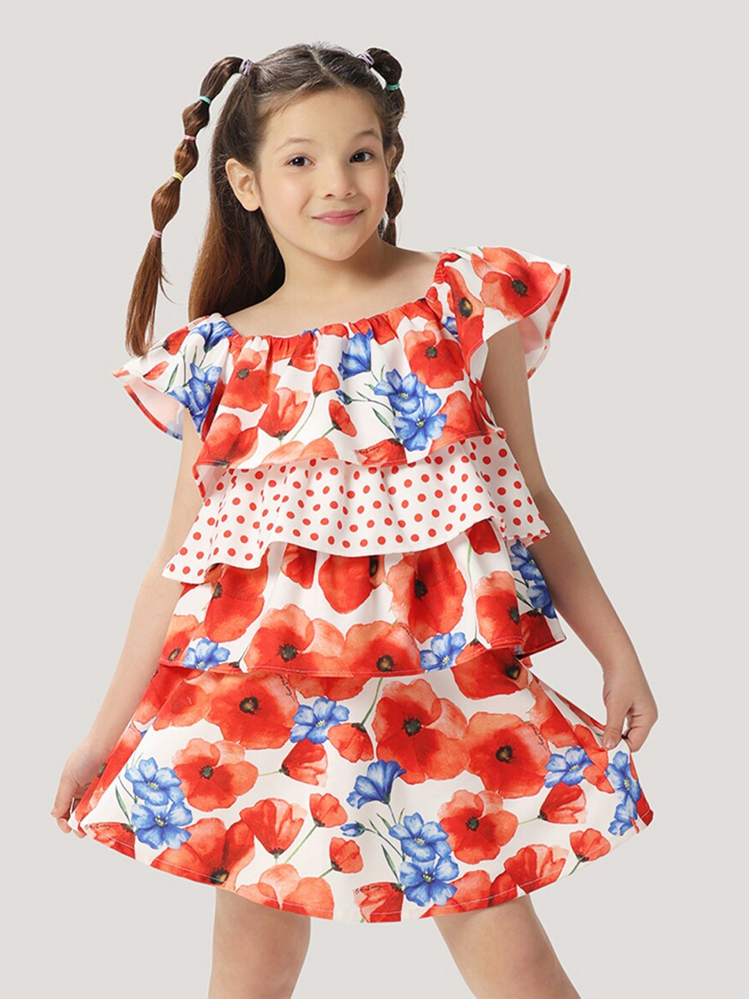 

One Friday Girls Floral Printed Off Shoulder Top With Frills, Multi
