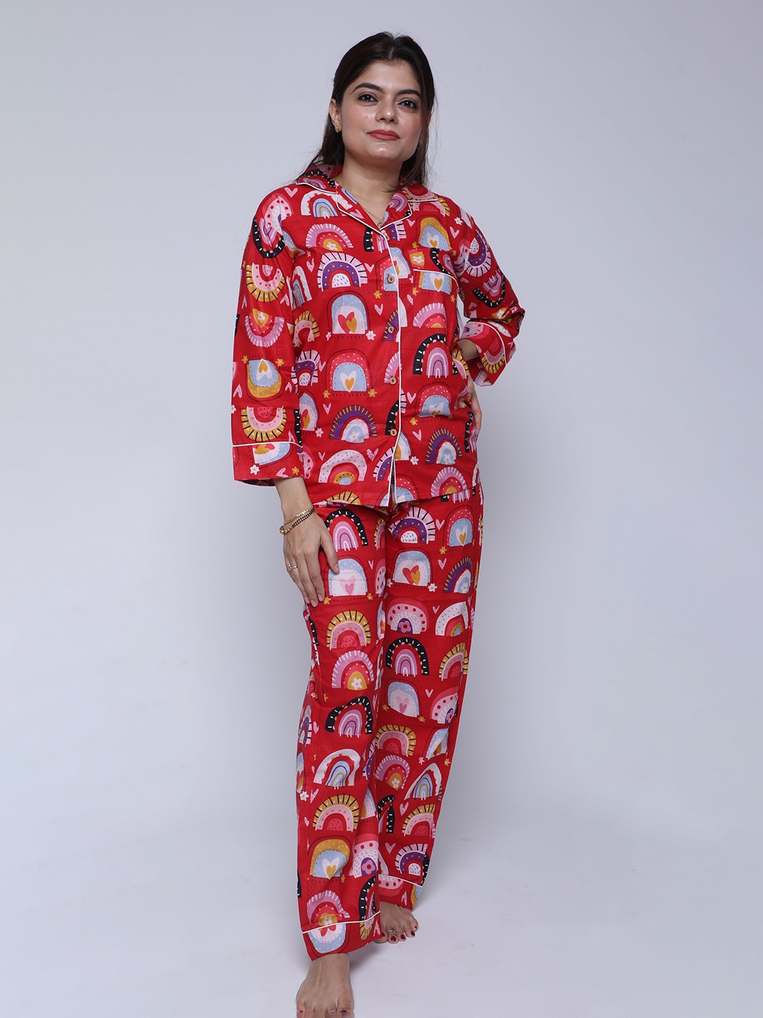 

MASU LIVING Graphic Printed Pure Cotton Night suit, Red
