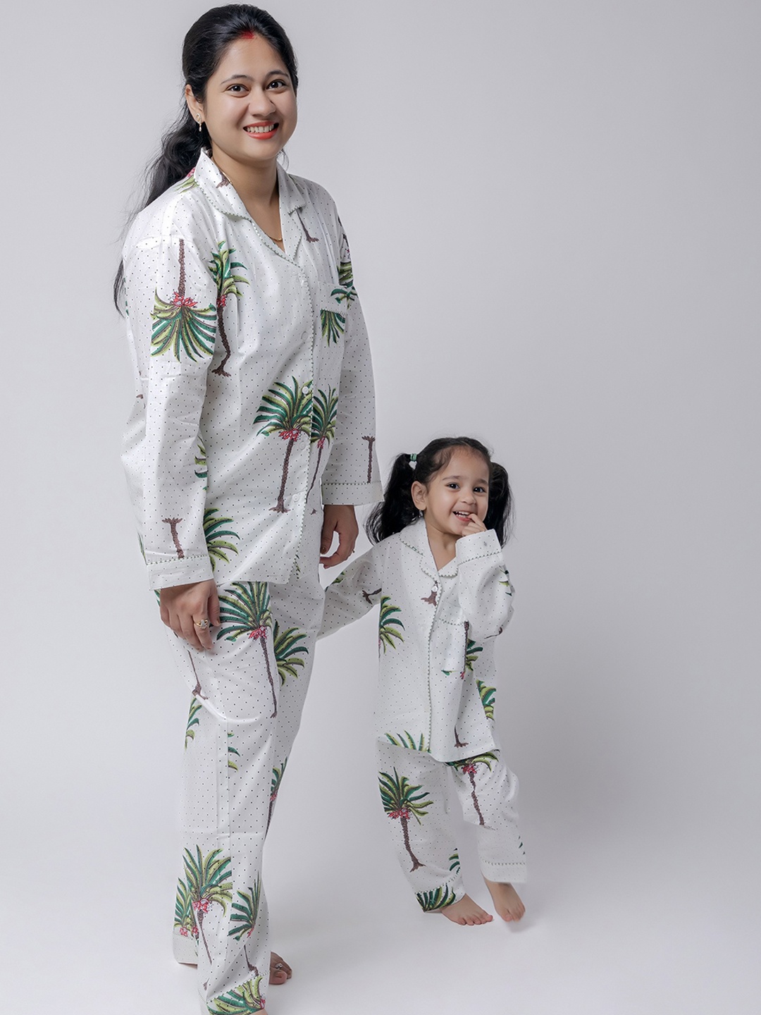 

MASU LIVING Tropical Printed Pure Cotton Lapel Collar Night suit, White