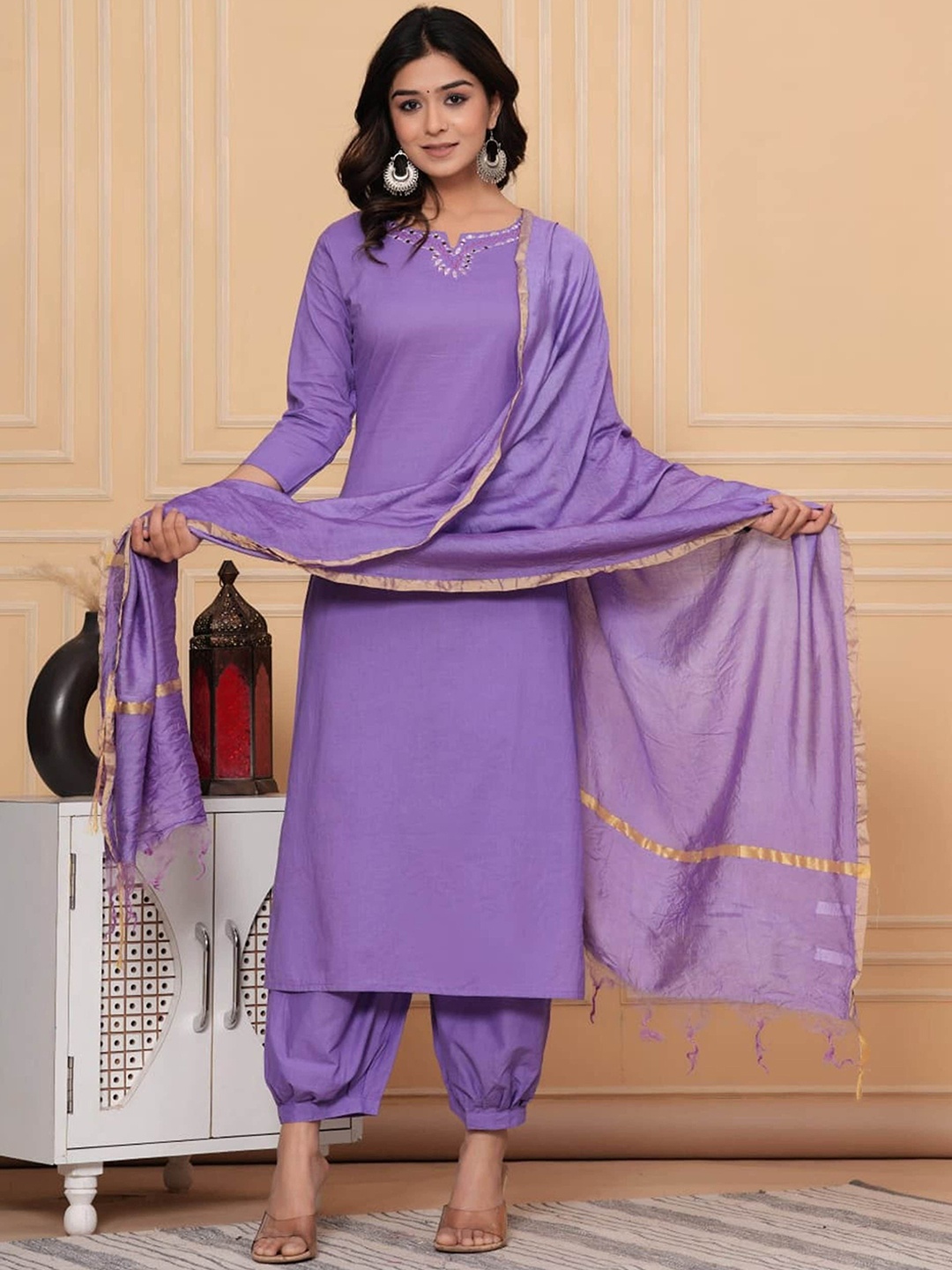 

SK2 Fashion Thread Work Notch Neck Pure Cotton Straight Kurta & Afgani Pant With Dupatta, Purple