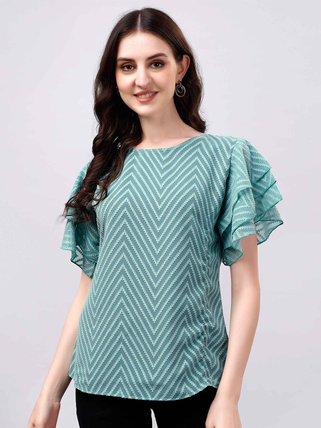 

DL Fashion Geometric Flutter Sleeve Georgette Top, Sea green