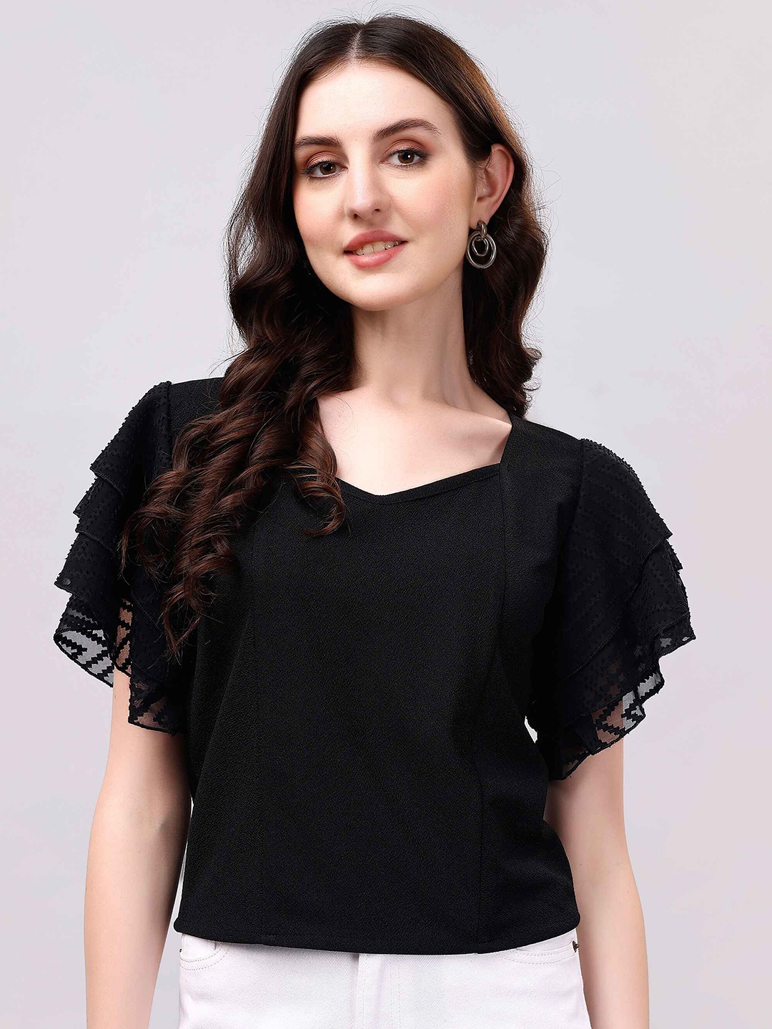 

DL Fashion Flutter Sleeve Georgette Top, Black