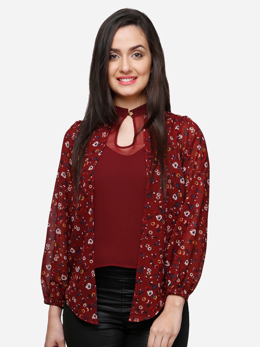 

V&M Floral Print Keyhole Neck Puff Sleeve Georgette Top, Maroon