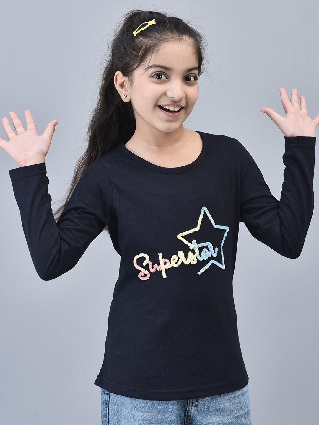 

Trenz Girls Typography Printed Pockets T-shirt, Navy blue