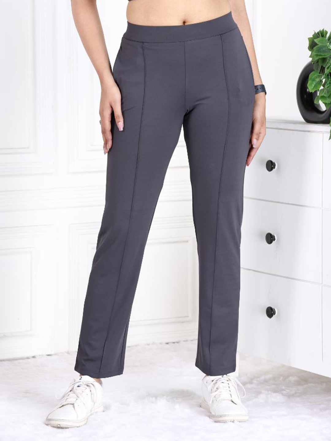 

Mlada Women Original Straight Fit Low-Rise Lint Free Trousers, Grey