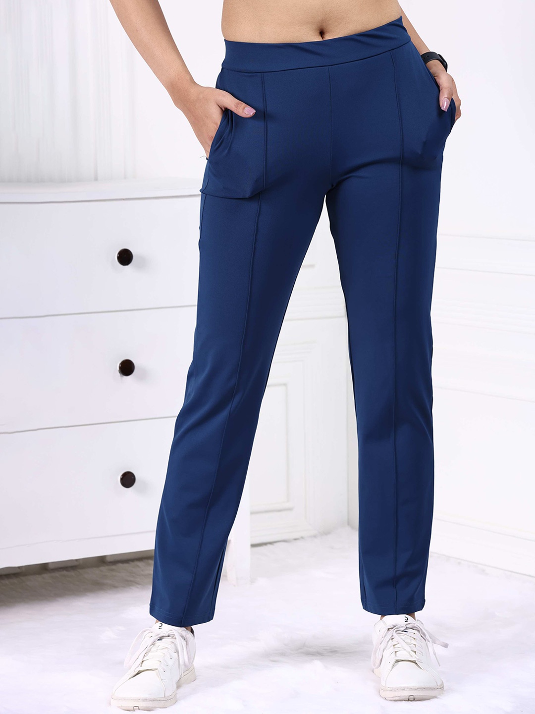 

Mlada Women Original Straight Fit Low-Rise Lint Free Trousers, Navy blue