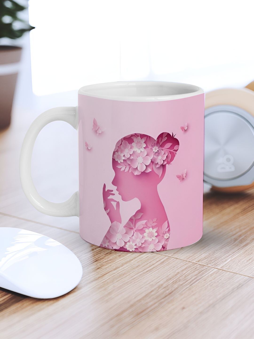 

eCraftIndia Pink & White Printed Ceramic Glossy Mug 310 ml