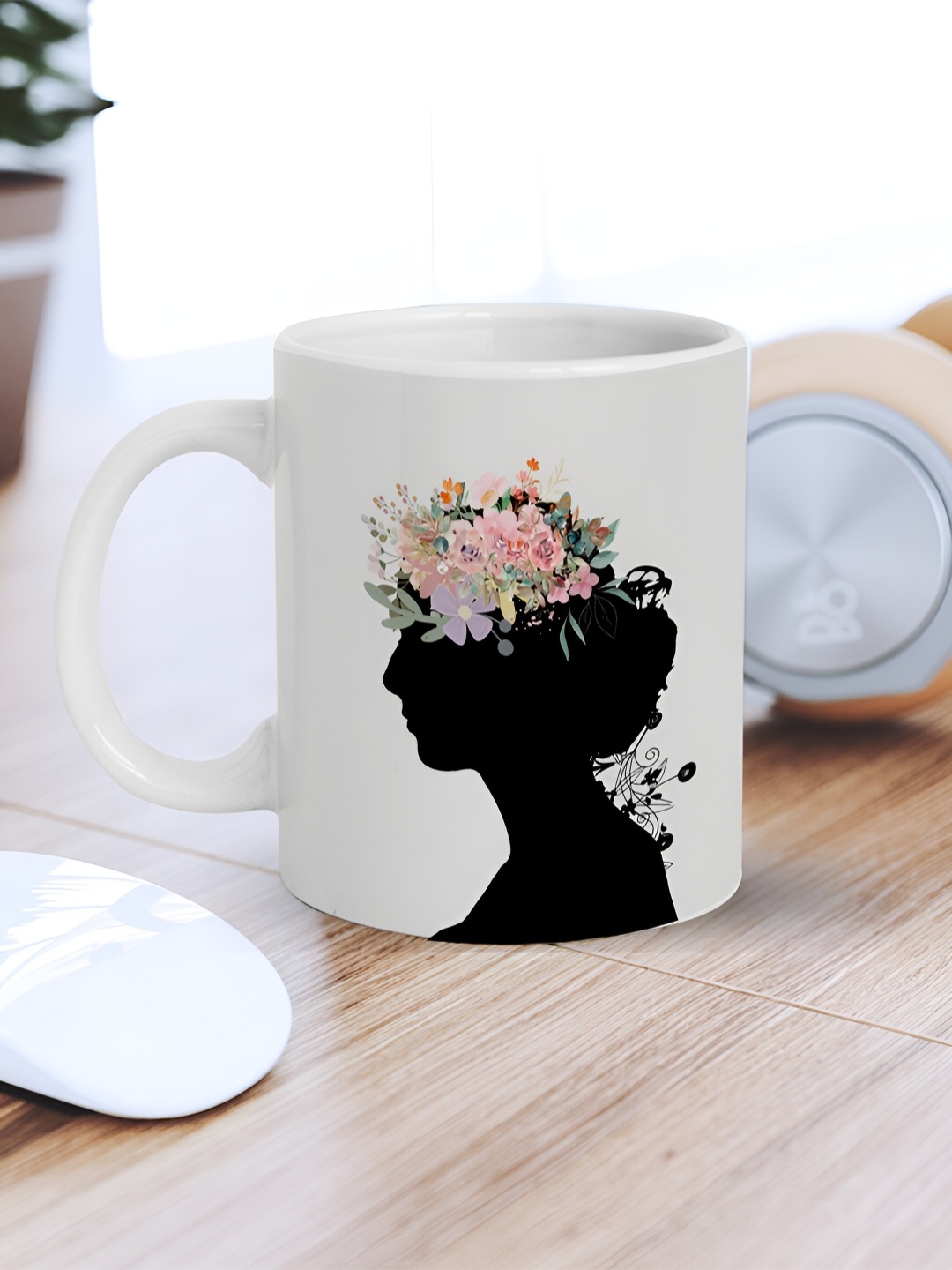 

eCraftIndia White & Black Floral Printed Ceramic Glossy Mug 310 ml