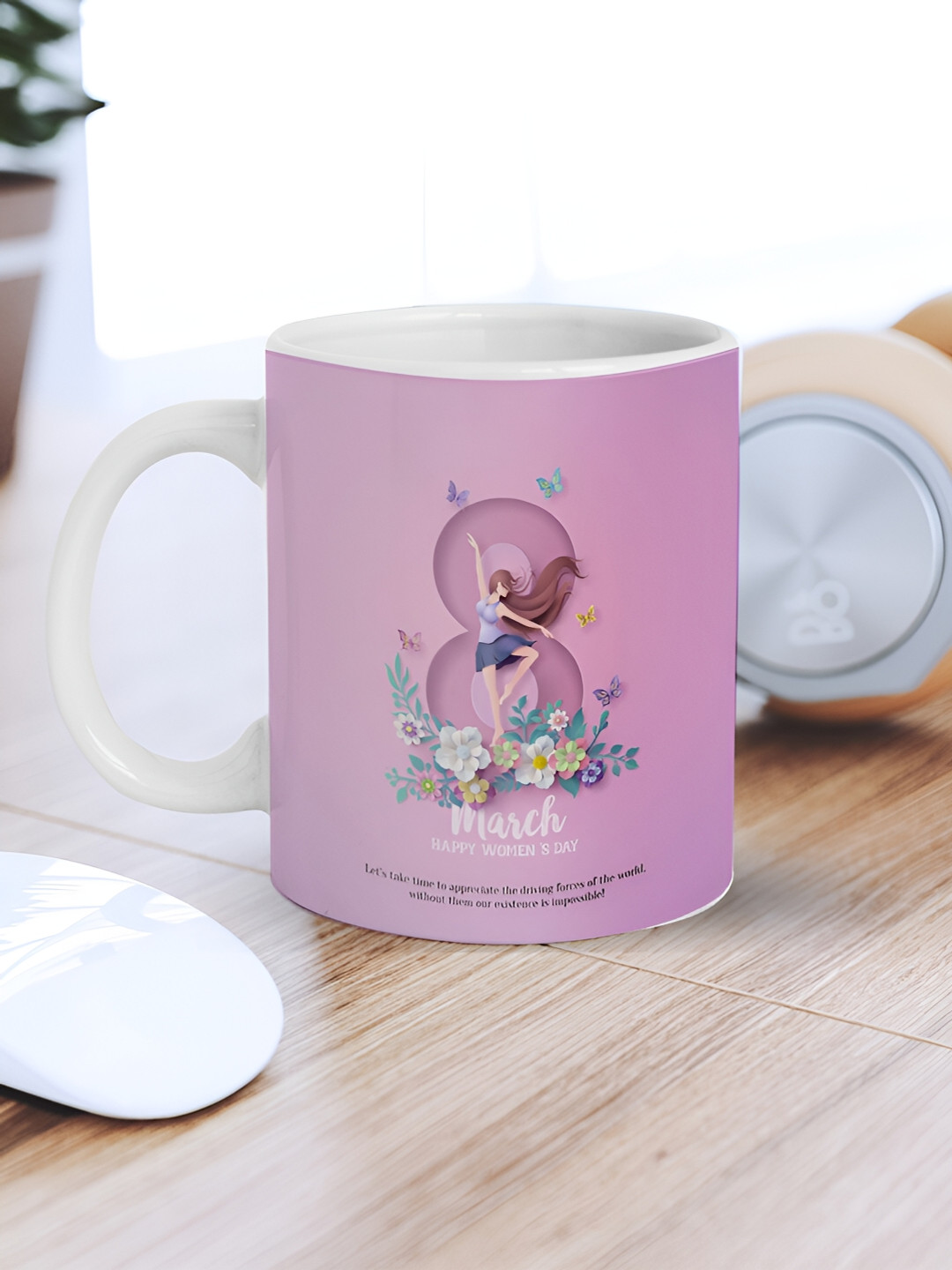 

eCraftIndia Pink & White Printed Ceramic Glossy Mug 310 ml