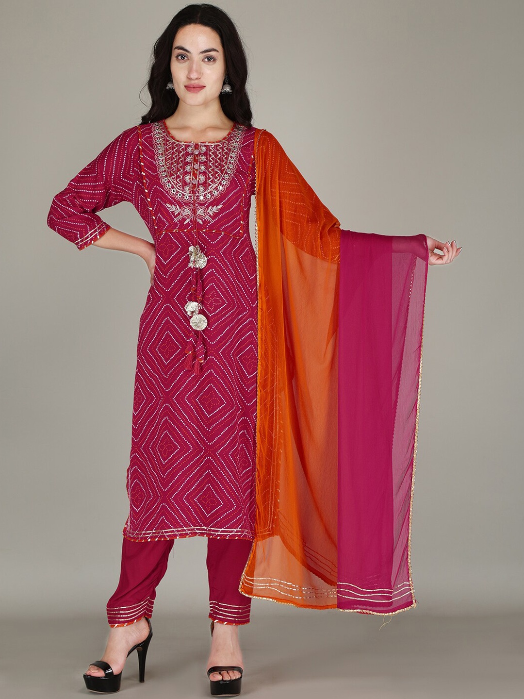 

PARTHVI Ethnic Motifs Printed Regular Gotta Patti Kurta with Trousers & Dupatta, Pink