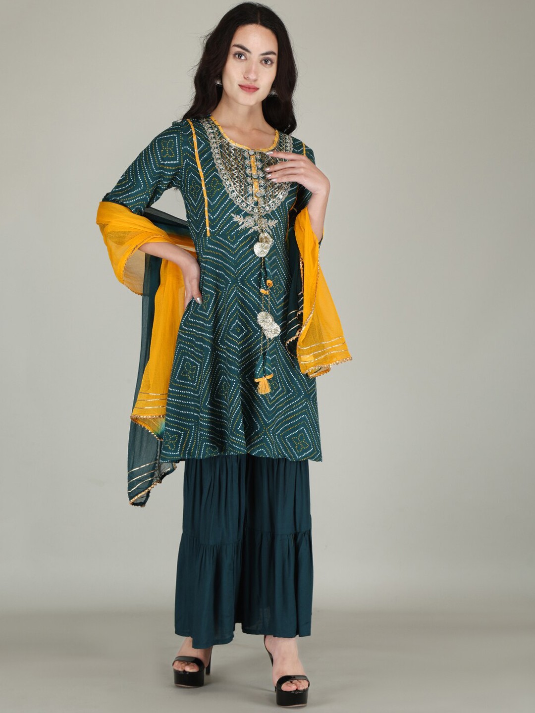 

PARTHVI Ethnic Motifs Printed Regular Gotta Patti Kurta with Sharara & Dupatta, Teal