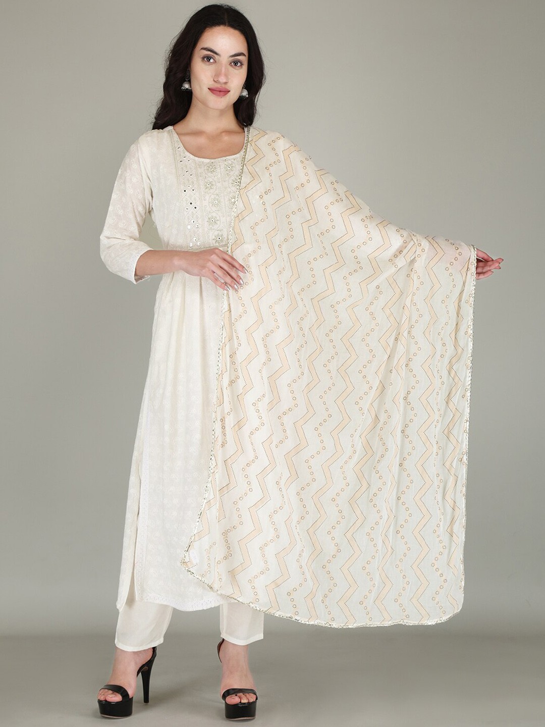 

PARTHVI Paisey Embroidered Mirror Work A-Line Kurta & Trousers With Dupatta, White