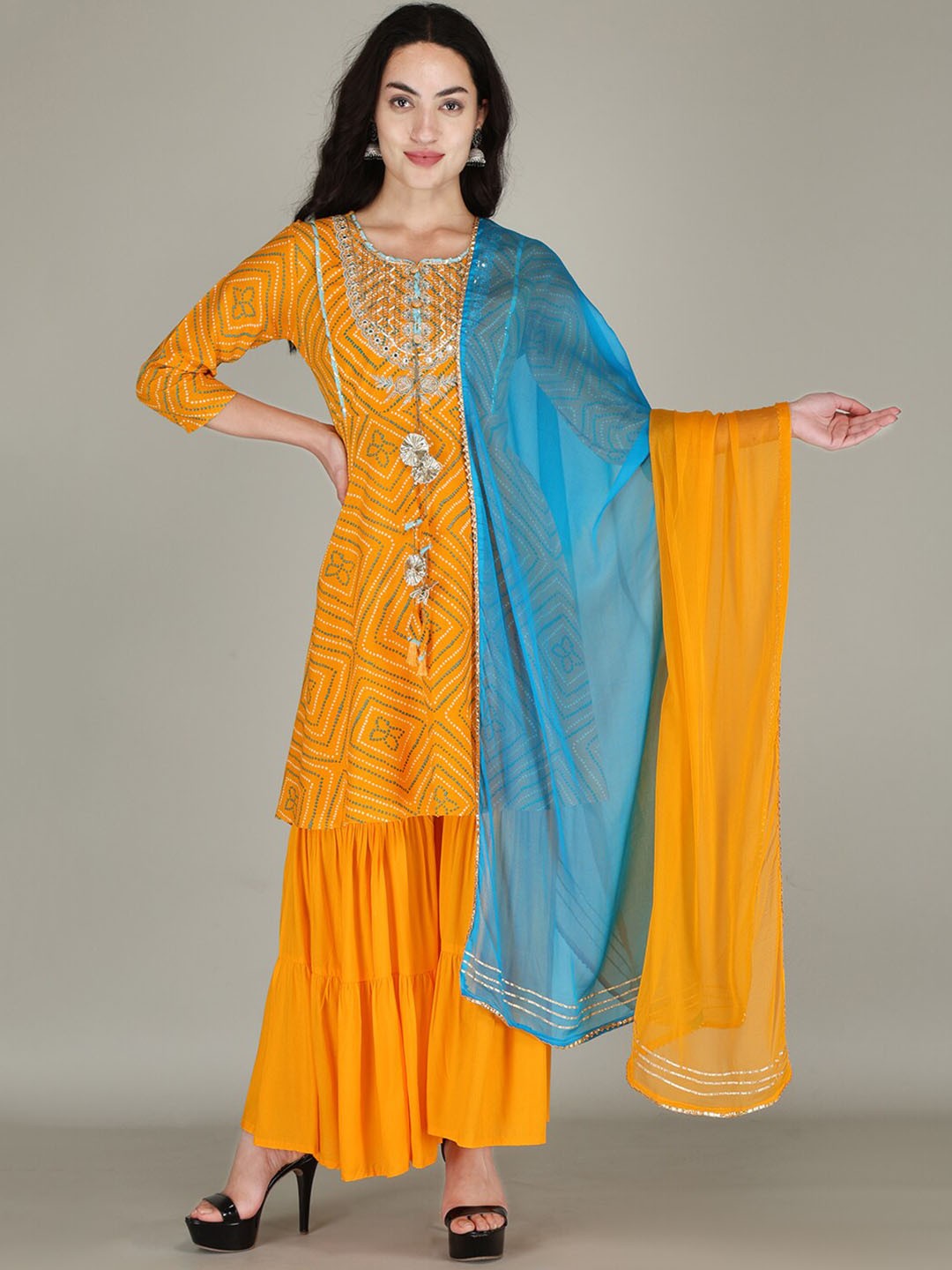 

PARTHVI Ethnic Motifs Printed Regular Mirror Work Kurta With Sharara & Dupatta, Yellow
