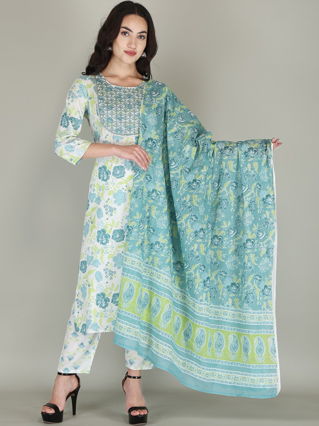 

PARTHVI Floral Printed Thread Work Straight Kurta & Trousers With Dupatta, White