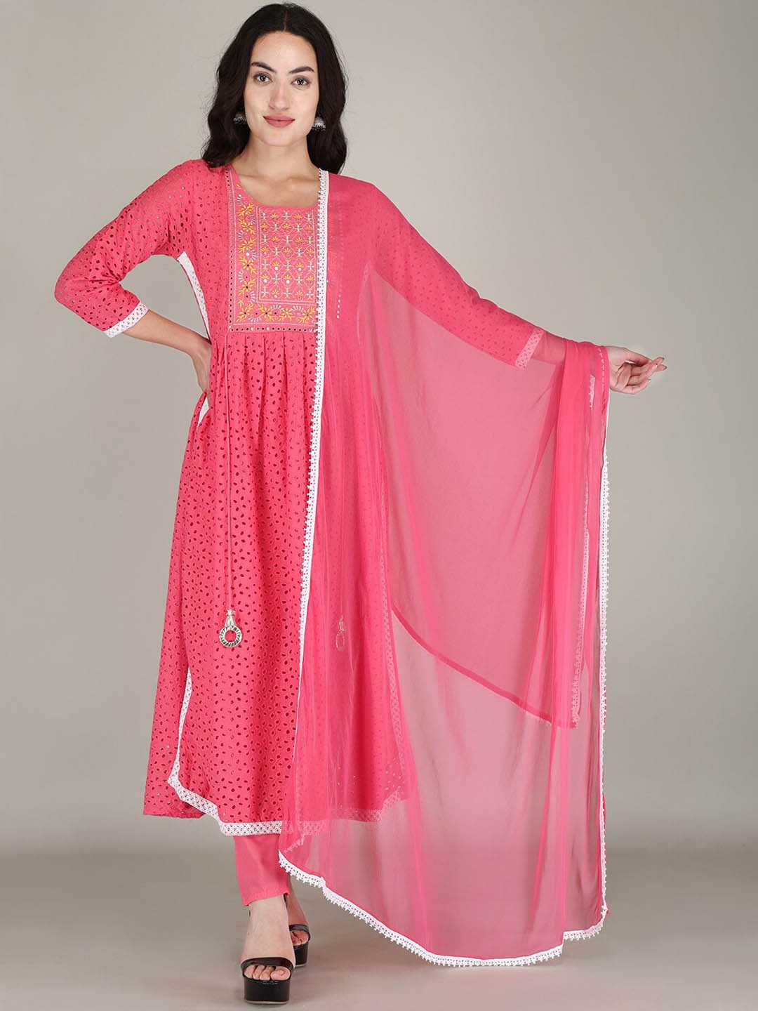 

PARTHVI Ethnic Motifs Embroidered Pleated Mirror Work Kurta With Trousers & Dupatta, Pink
