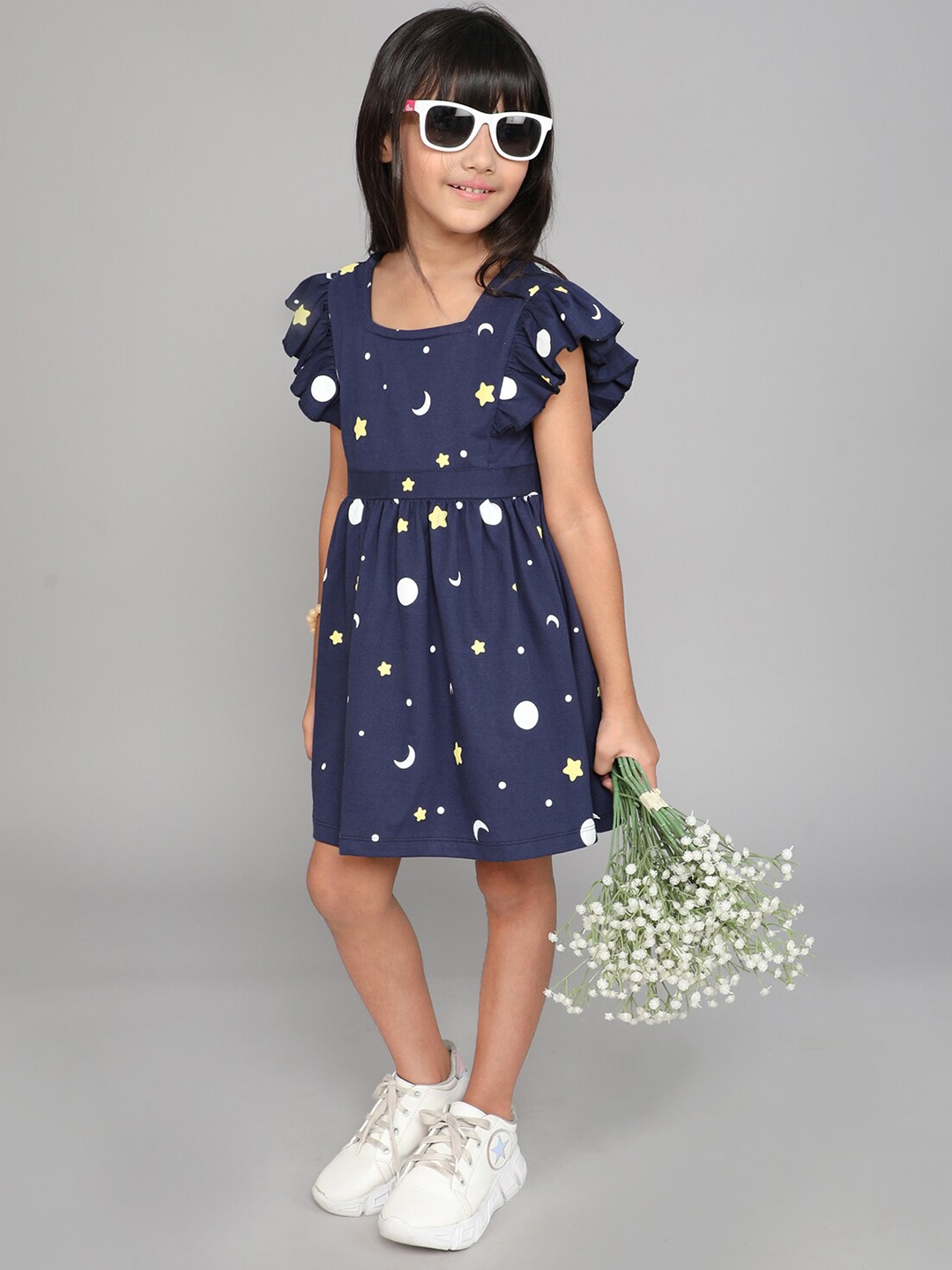 

Little Angels Polka Dot Print Flutter Sleeve Cotton Top, Navy blue