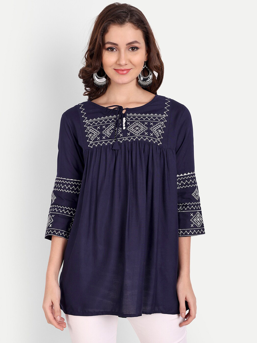 

PARTHVI Ethnic Motifs Embroidered Tie-Up Neck Kurti, Blue