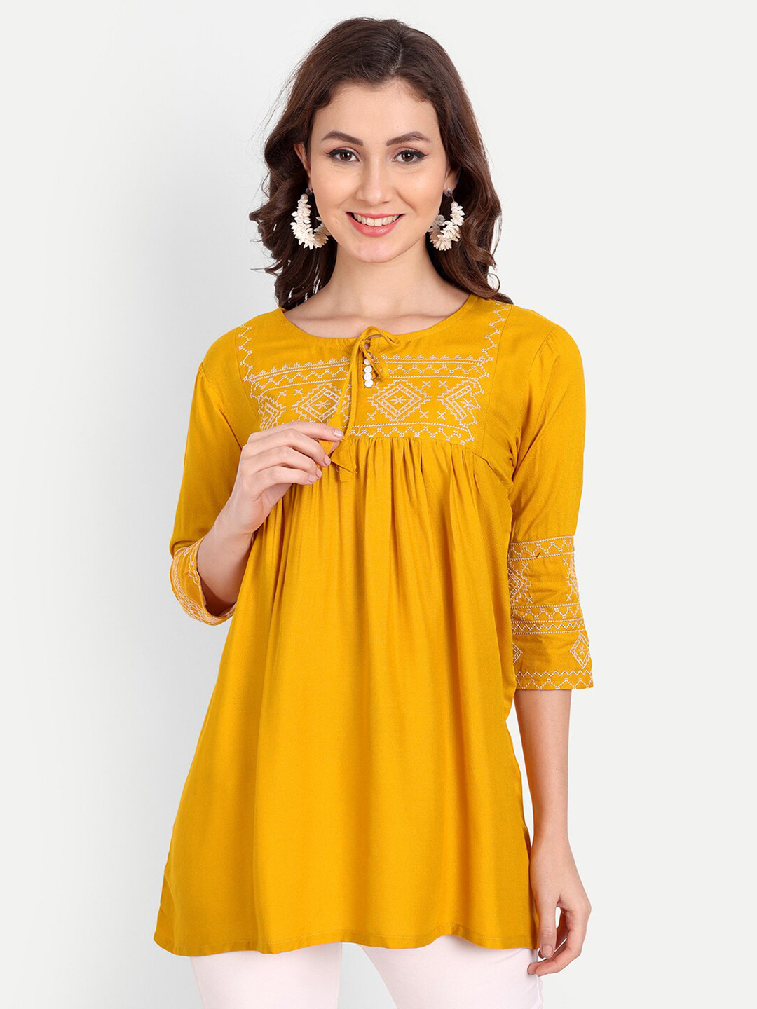

PARTHVI Ethnic Motifs Embroidered Tie-Up Neck Kurti, Mustard