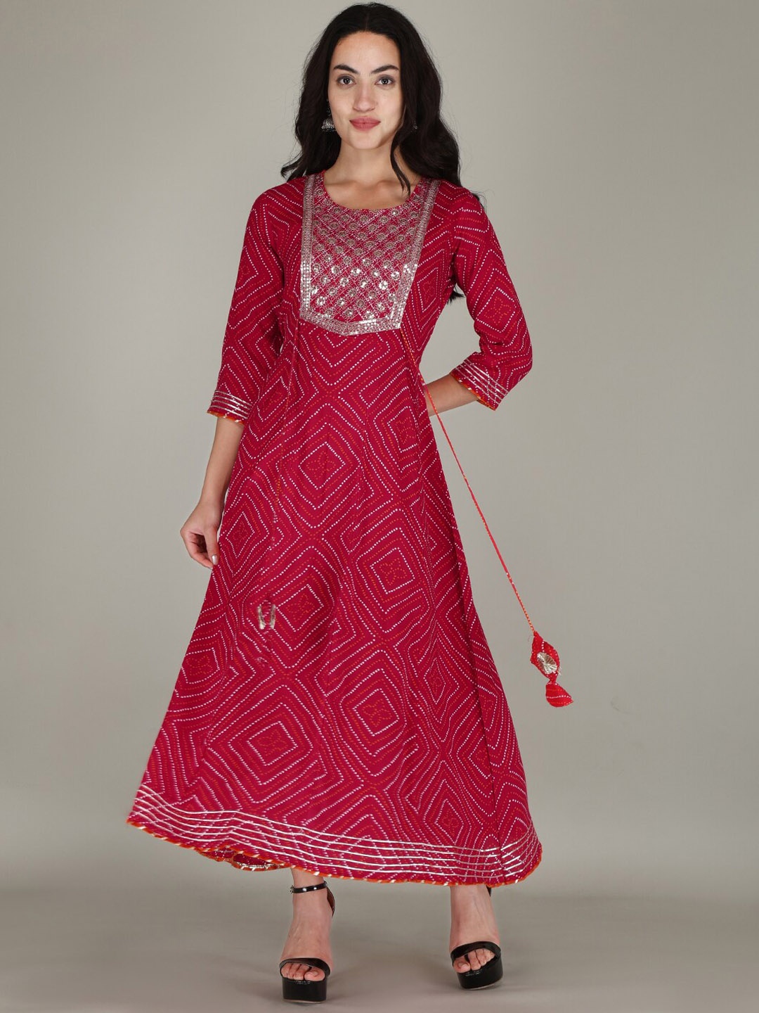 

PARTHVI Bandhani Printed Sequinned Anarkali Kurta With Trousers & Dupatta, Red