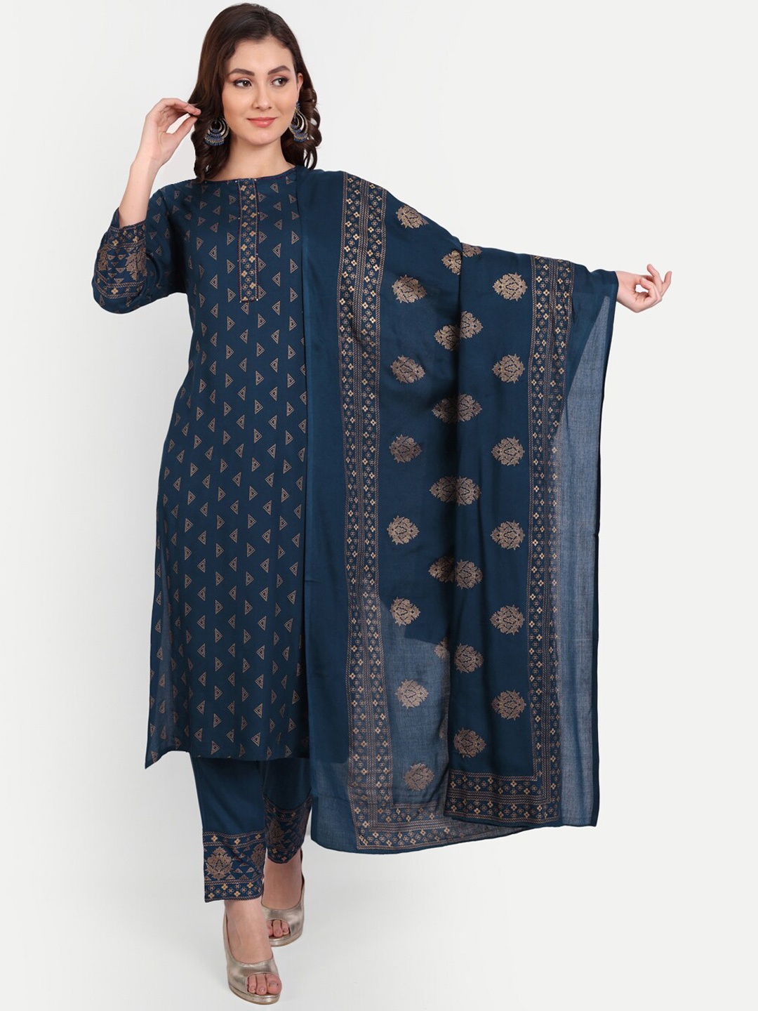 

PARTHVI Geometric Printed Regular Kurta With Trousers & Dupatta, Blue