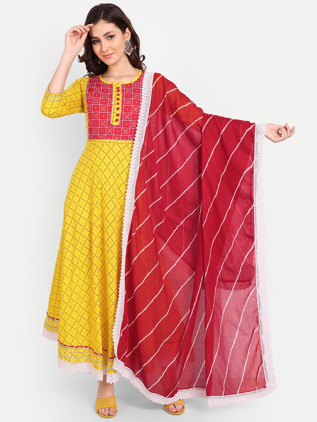 

PARTHVI Women Striped Flared Sleeves Mirror Work Anarkali Kurta, Yellow