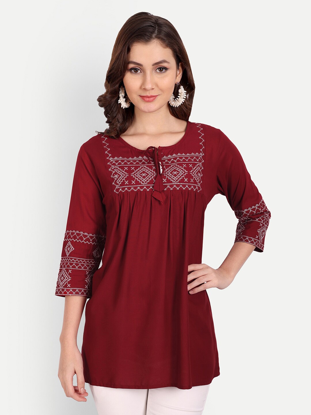 

PARTHVI Embroidered Tie-Up Neck Thread Work Kurti, Maroon