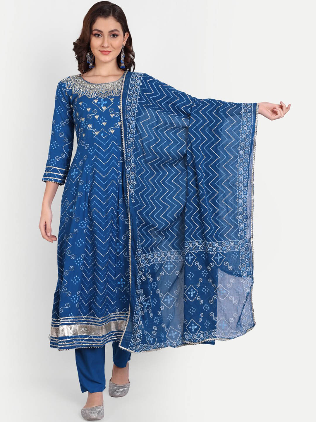 

PARTHVI Bandhani Printed Thread Work Pleated Anarkali Kurta With Trouser & Dupatta, Blue