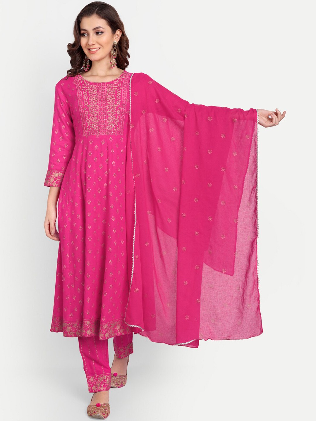 

PARTHVI Ethnic Motifs Printed Regular Kurta with Trousers & Dupatta, Pink