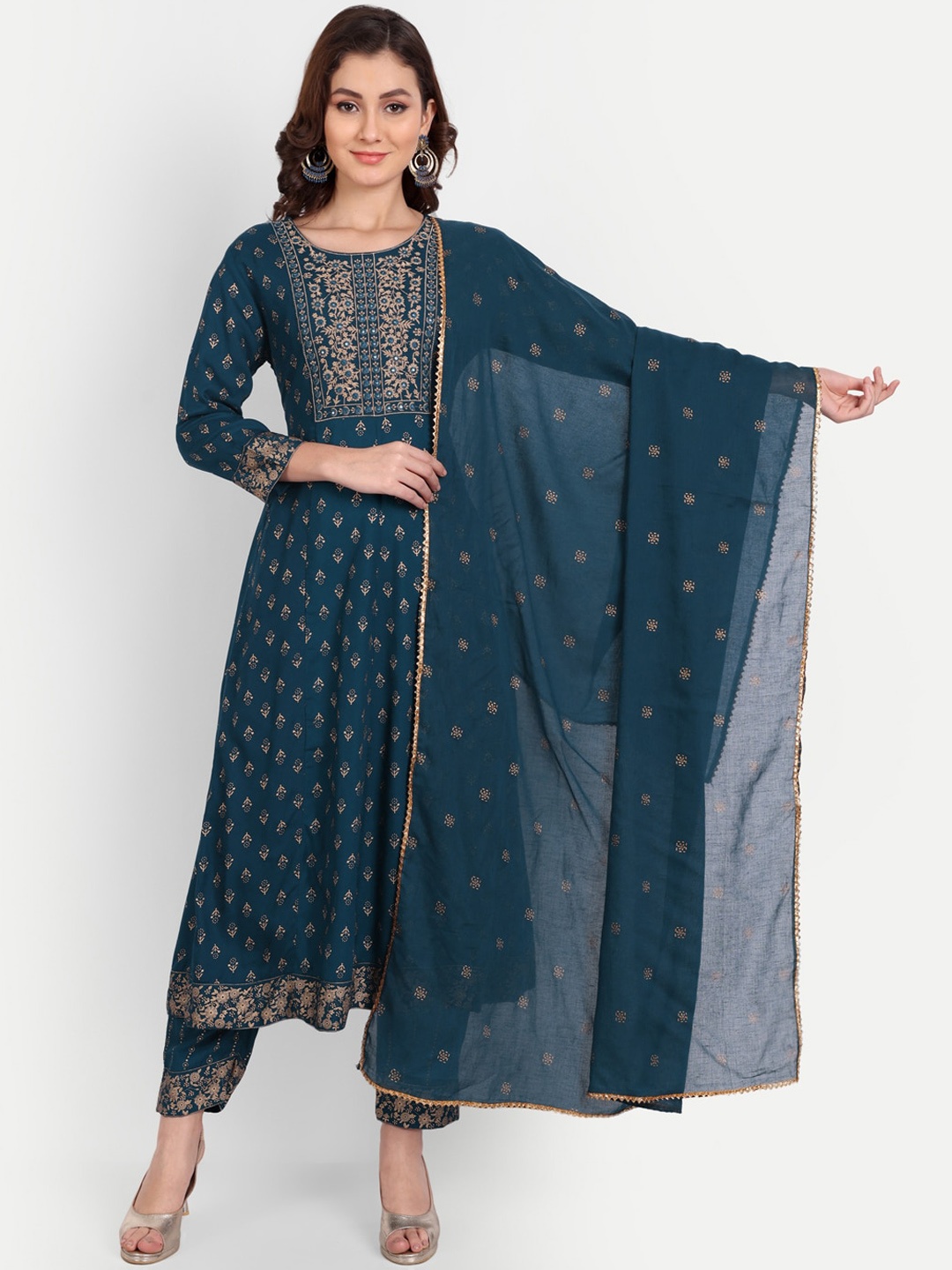 

PARTHVI Floral Printed Mirror Work A-Line Kurta With Trousers & Dupatta, Blue