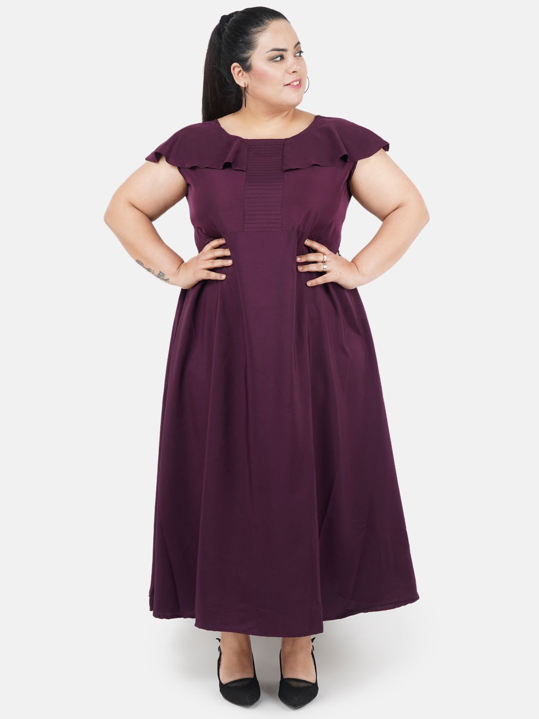 

Indietoga Plus Size Solid Cape Pintuck Fit & Flare Long Maxi Dress, Purple