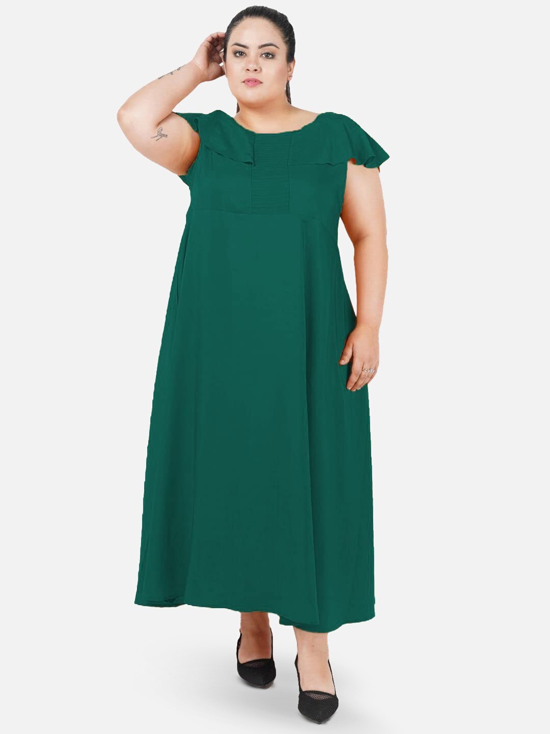 

Indietoga Plus Size Solid Cape Pintuck Fit & Flare Long Maxi Dress, Green
