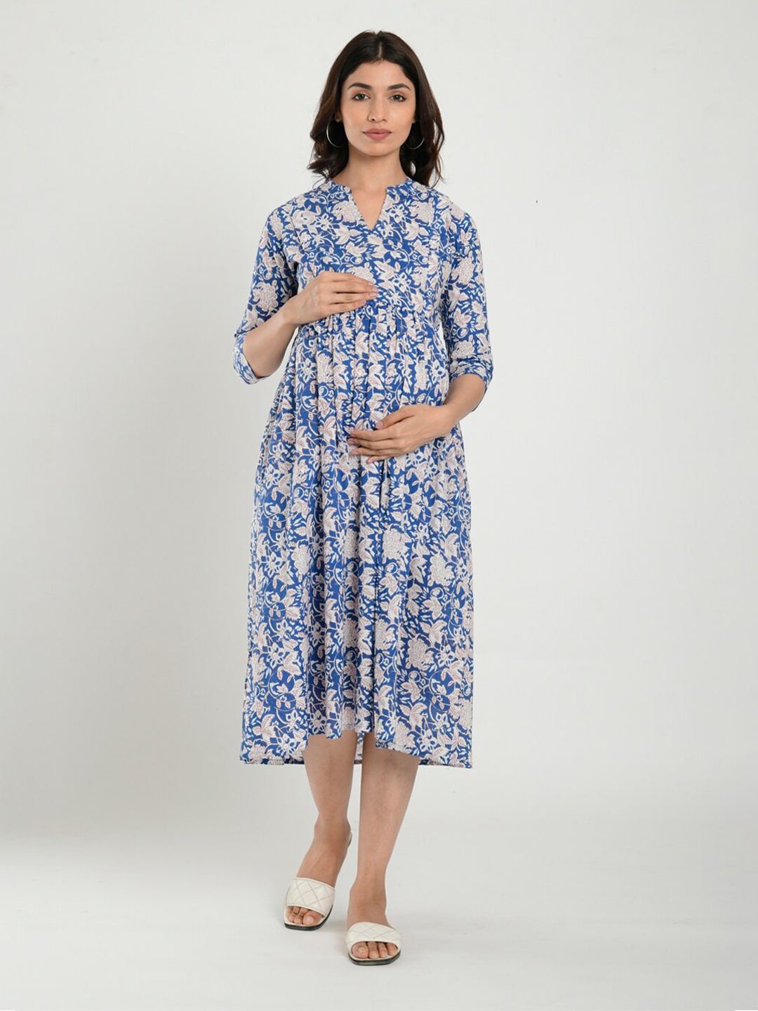 

CRAFIQA Floral Print Mandarin Collar Gathered or Pleated Maternity Fit & Flare Midi Dress, Blue