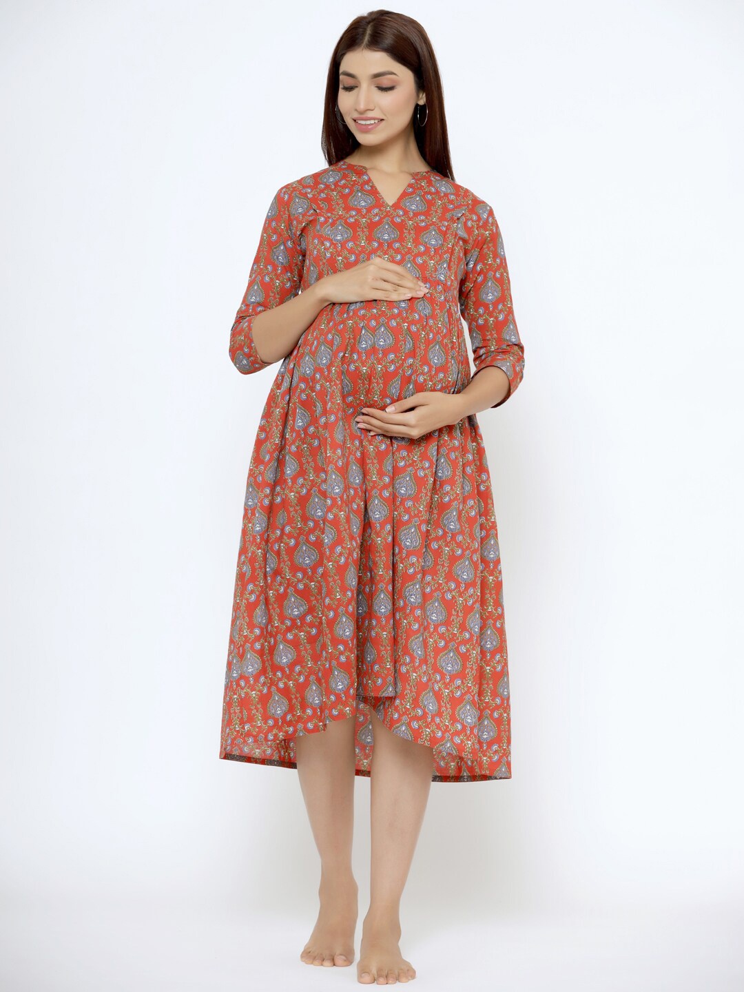 

CRAFIQA Floral Print Mandarin Collar Gathered or Pleated Maternity Fit & Flare Midi Dress, Red