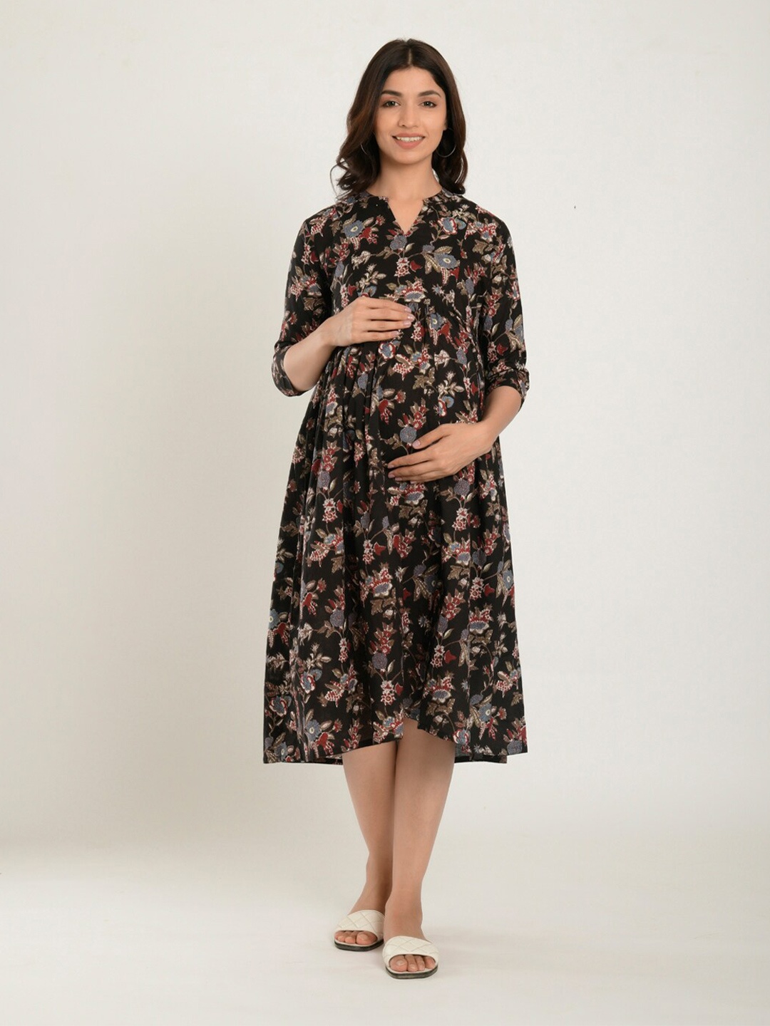 

CRAFIQA Floral Printed Cotton Maternity A-Line Midi Ethnic Dress, Black