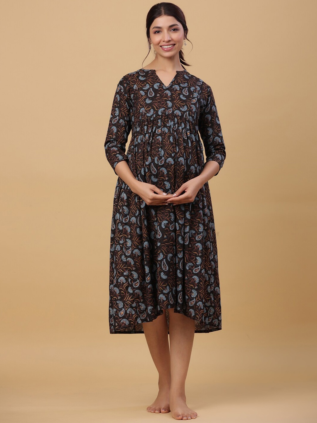 

CRAFIQA Printed Pure Cotton Maternity Midi Nightdress, Black