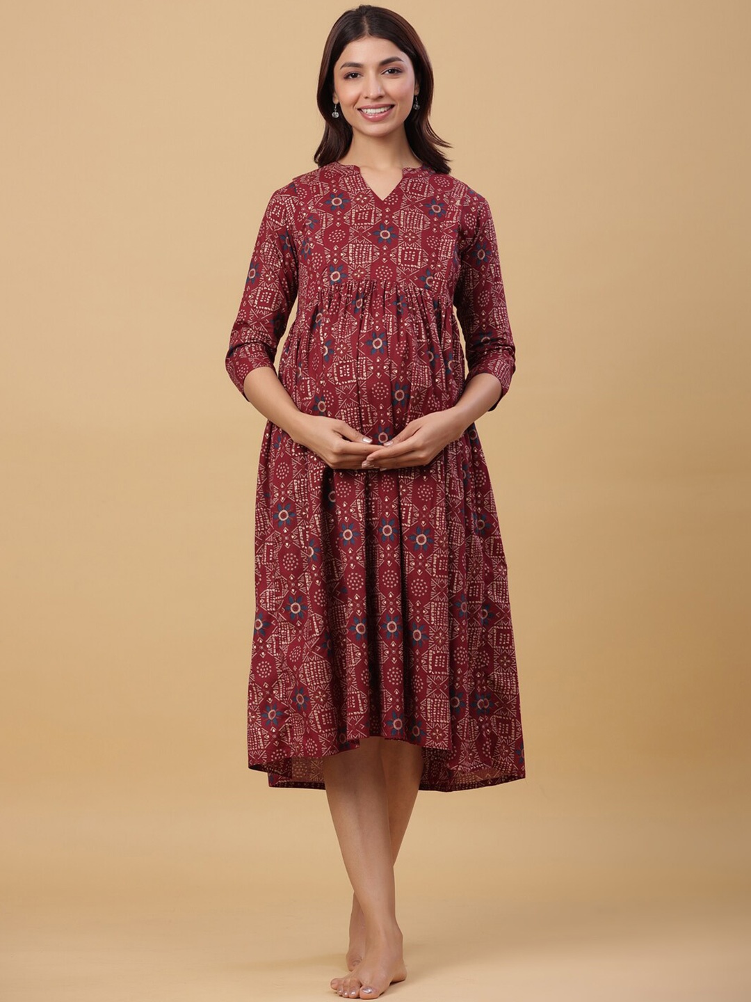 

CRAFIQA Printed Pure Cotton Maternity Midi Nightdress, Maroon