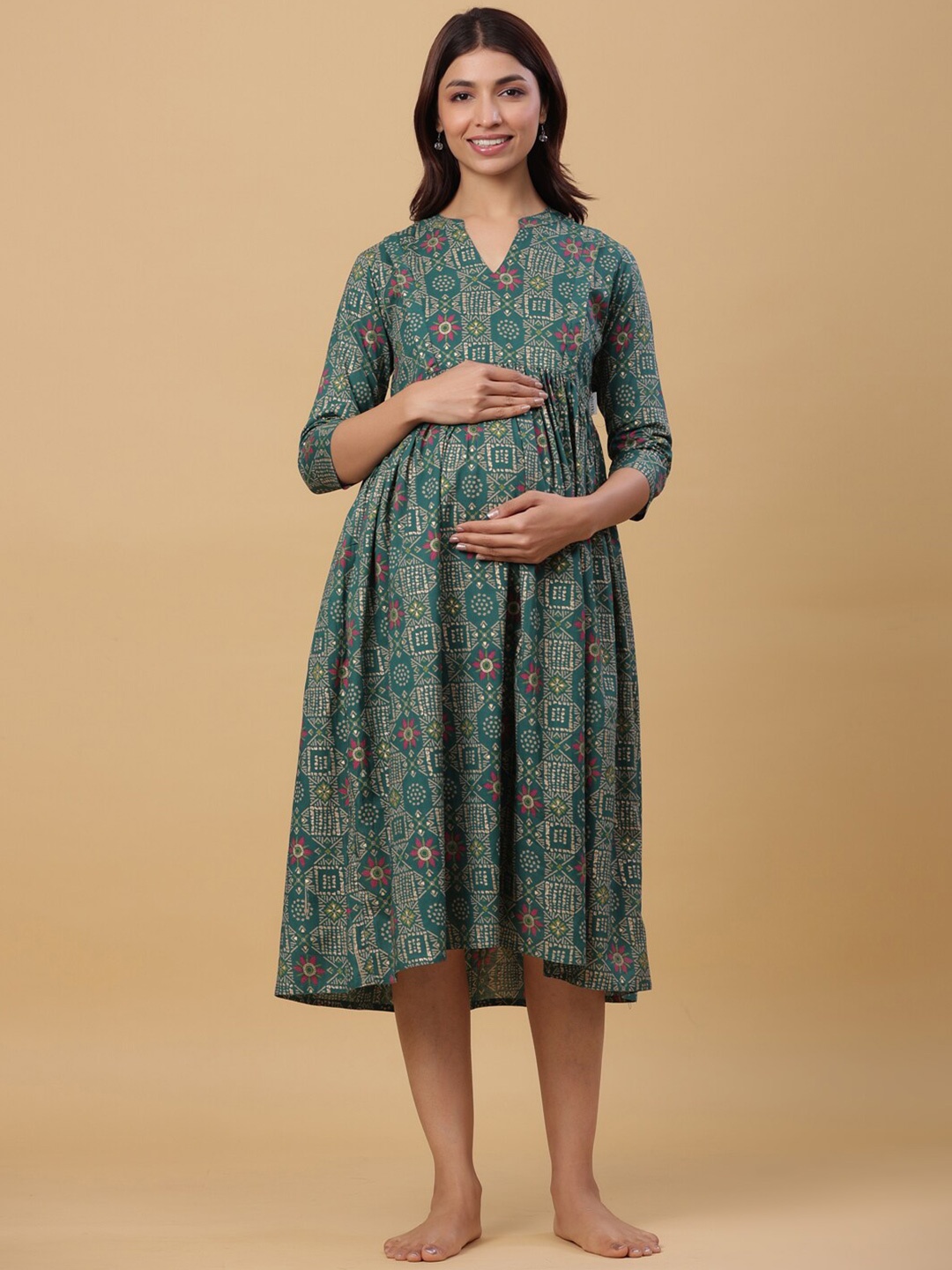 

CRAFIQA Printed Pure Cotton Maternity Midi Nightdress, Green