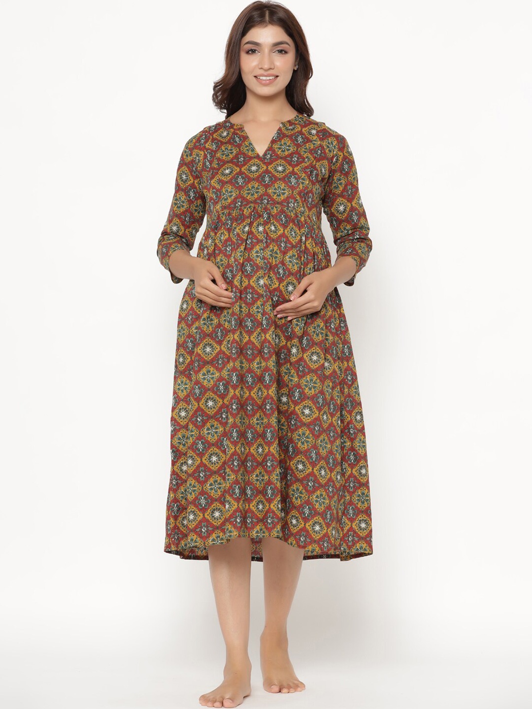 

CRAFIQA Ethnic Motifs Printed Pure Cotton Maternity Midi Nightdress, Mustard
