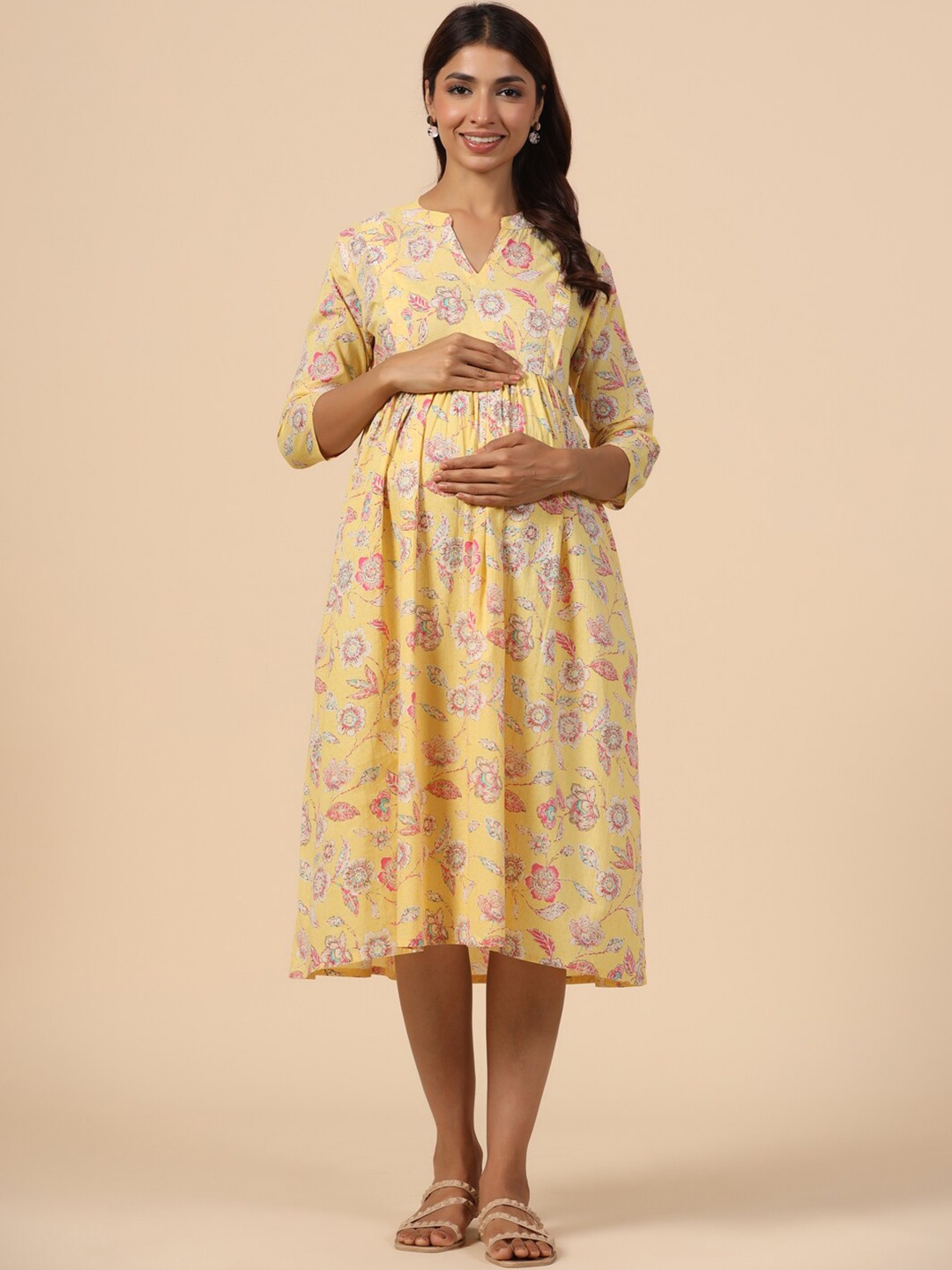 

CRAFIQA Printed Pure Cotton Maternity Fit & Flare Midi Ethnic Dress, Yellow