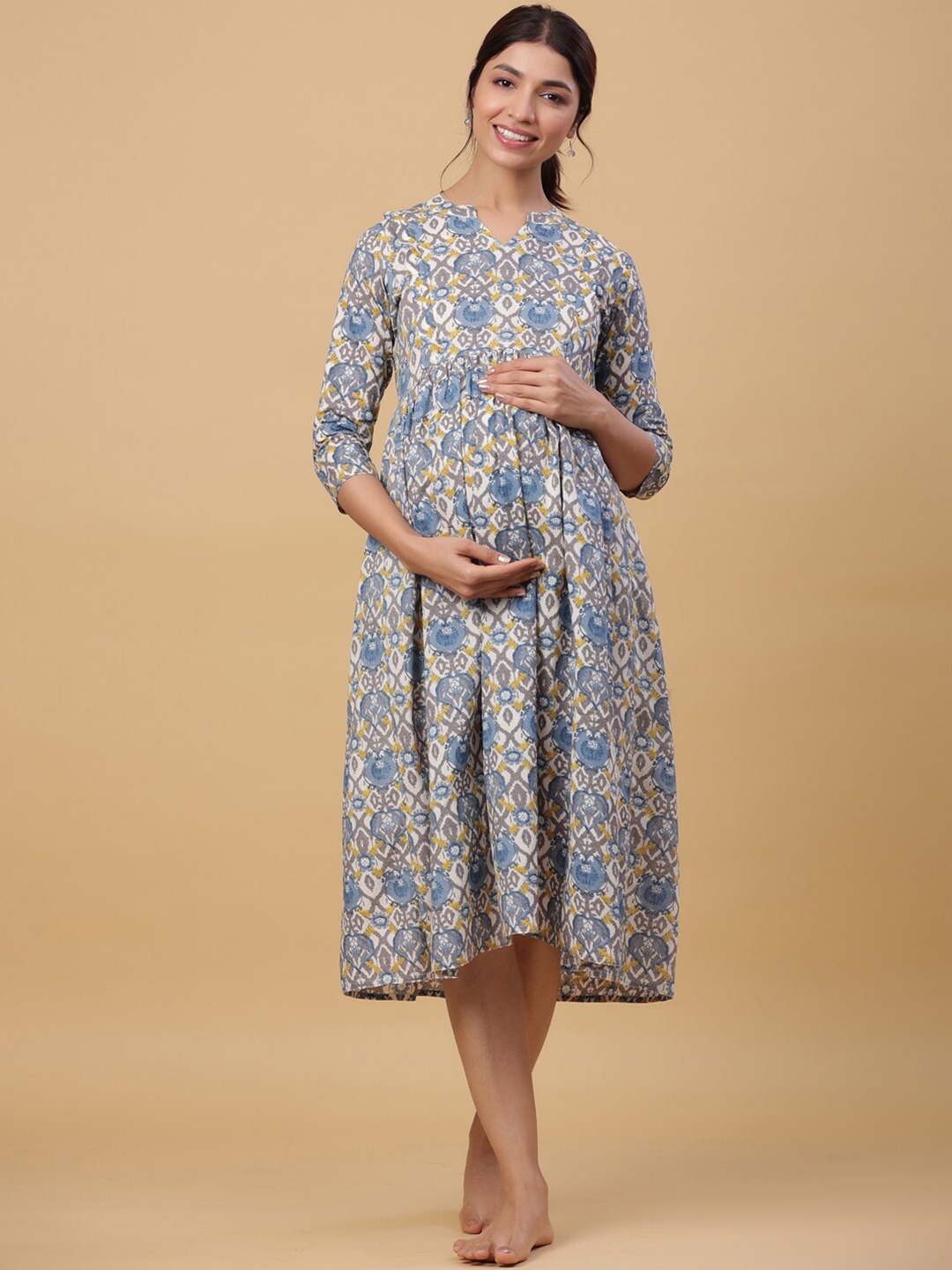 

CRAFIQA Printed Pure Cotton Maternity Midi Nightdress, Blue