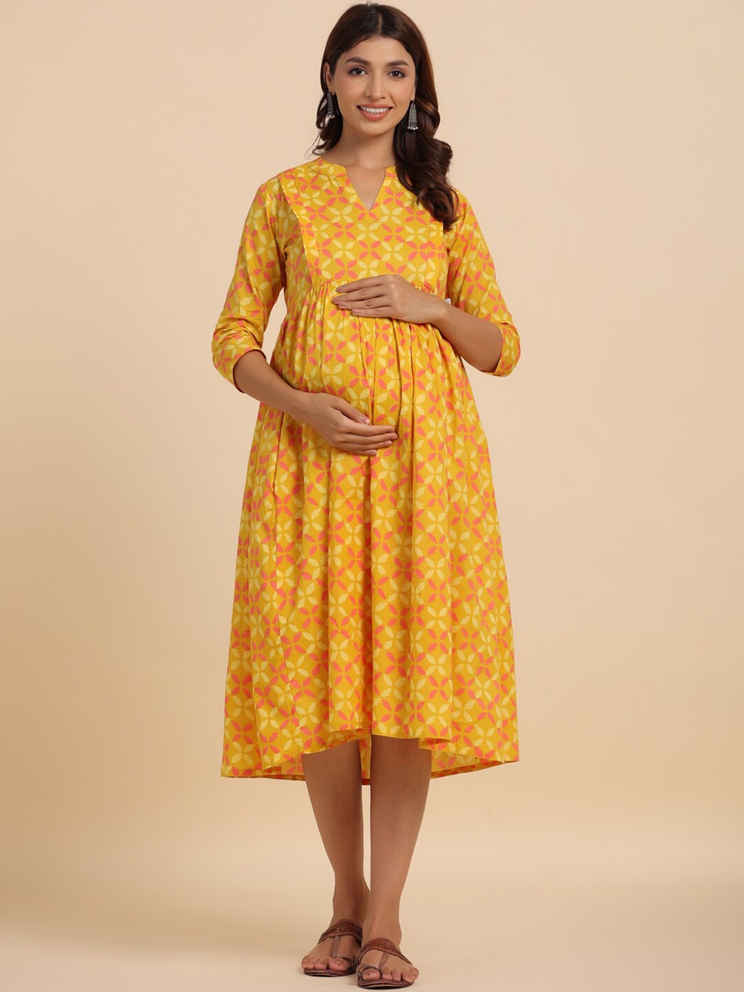 

CRAFIQA Printed Pure Cotton Maternity Fit & Flare Midi Ethnic Dress, Mustard