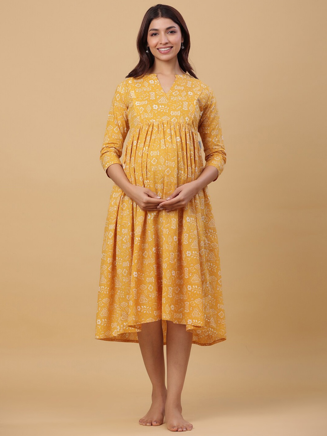 

CRAFIQA Printed Pure Cotton Maternity Midi Nightdress, Mustard