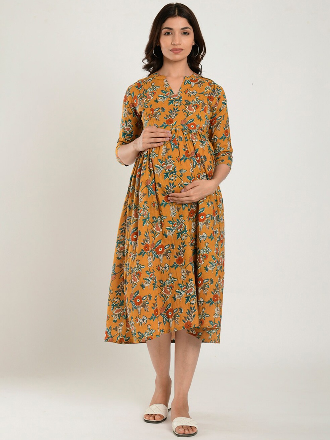 

CRAFIQA Floral Printed Pure Cotton Maternity Fit & Flare Midi Ethnic Dress, Mustard