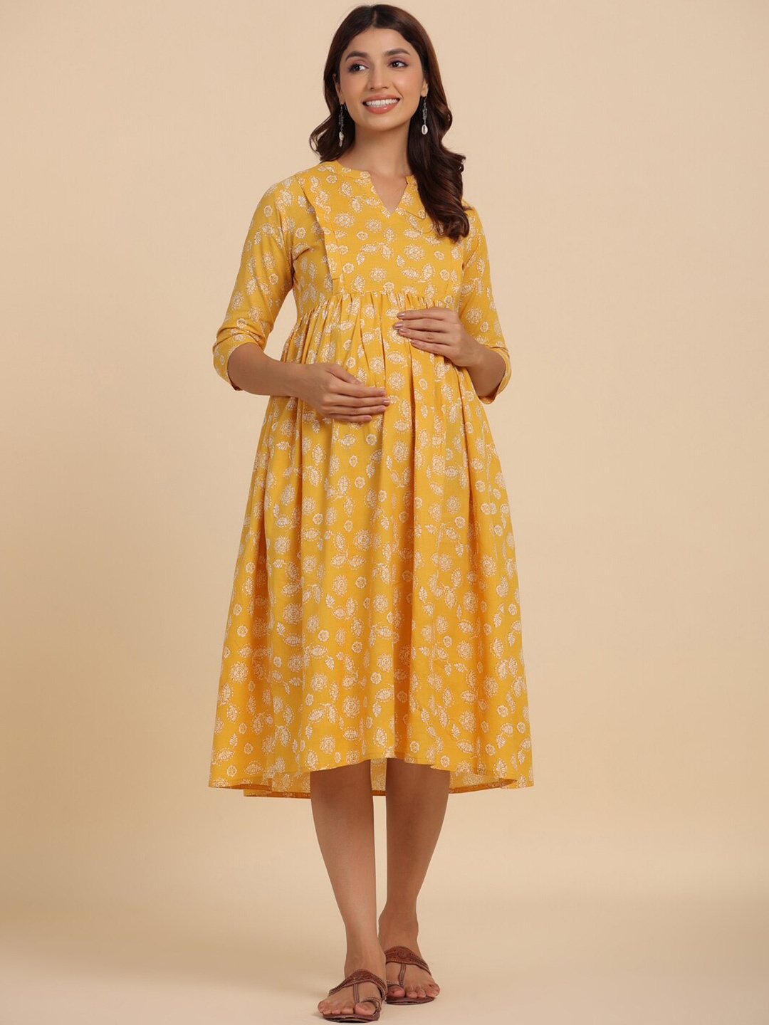 

CRAFIQA Printed Pure Cotton Maternity Fit & Flare Midi Ethnic Dress, Mustard