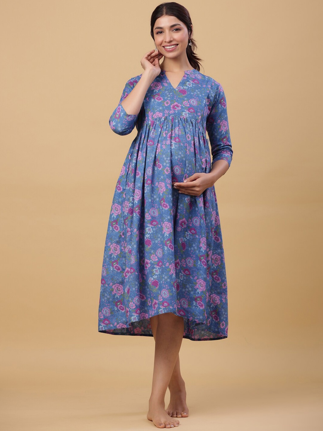 

CRAFIQA Floral Printed Pure Cotton Maternity Midi Nightdress, Blue