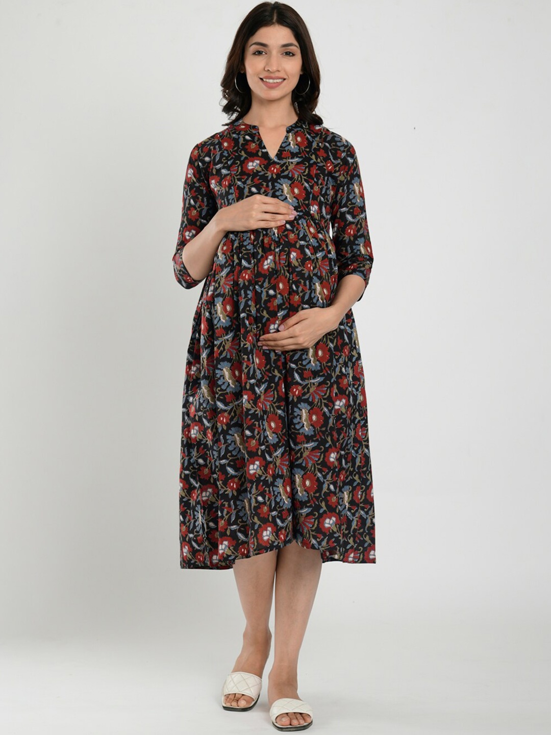 

CRAFIQA Floral Printed Pure Cotton Maternity Fit and Flare Midi Ethnic Dress, Black